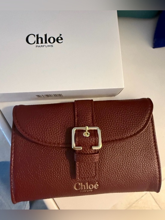 Chloe Accessories - Chloé Burgundy Pebbled Faux Leather Key & Card Holder with Gold Buckle